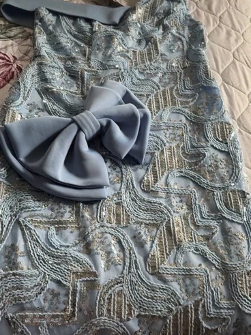 One-Shoulder Light Blue Sequin Bow Dress